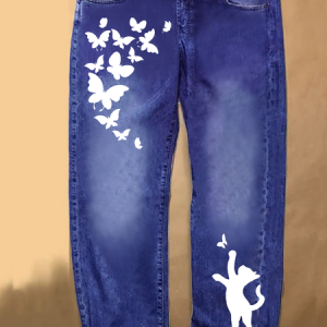 Women's butterfly Denim Regular Fit Casual Cat Jeans, color:Blue|size:3XL, Lilicloth.com