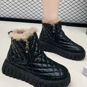 Plaid Embossed Thick Fleece Warm Wear-resistant Snow Boots, Boots, color:Black|size:40, JustFashionNow