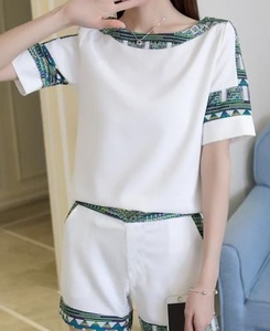Ethnic Crew Neck Casual Two-Piece Set, Sets, color:White-green|size:4XL, Noracora