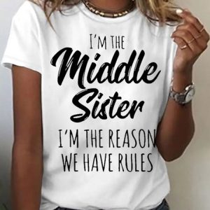 Women's Funny Middle Sister Casual Letters T-Shirt, color:White|size:3XL, Lilicloth.com