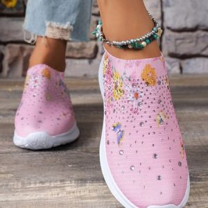 Floral Butterfly Rhinestones Breathable Flyknit Sneakers, Sneakers, color:Pink|size:43, JustFashionNow