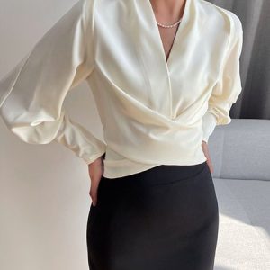 Plain V Neck Regular Fit Elegant Blouse, Blouses and Shirts, color:White|size:XXL, Stylewe