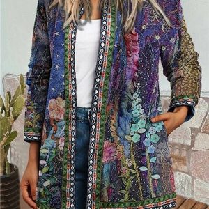 JFN Women Floral Pocketed Vacation JacketCrew Neck Winter Cardigan, Cardigans, color:As Picture|size:3XL, JustFashionNow