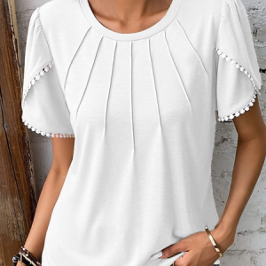 Plus Size Lace Crew Neck Elegant Loose Shirt, TOPS, color:White|size:4X, Noracora