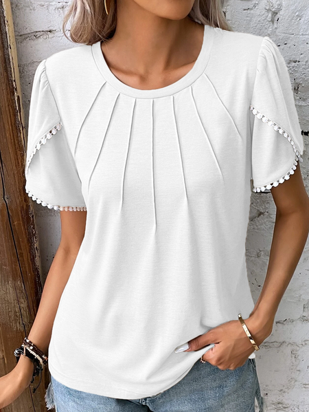 Plus Size Lace Crew Neck Elegant Loose Shirt, Shirts & Blouses, color:White|size:4X, JustFashionNow