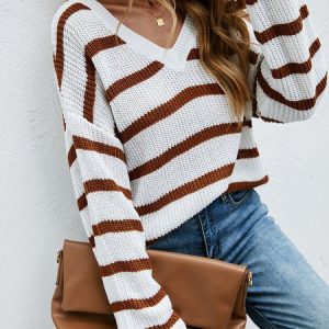 Women Wool/Knitting Striped Long Sleeve Comfy Casual Sweater, Sweaters, color:White|size:L, Noracora