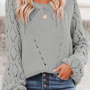Women Geometric Long Sleeve Comfy Casual Sweater, Sweaters, color:Gray|size:XXL, Noracora