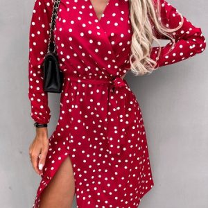 Casual Polka Dot Dresses Retro Party Daily Commuting Women's Clothing, Dresses, color:Red|size:XXL, JustFashionNow