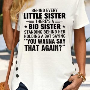 Women's Funny Sister Letters Crew Neck Casual T-Shirt, color:White|size:3XL, Lilicloth.com