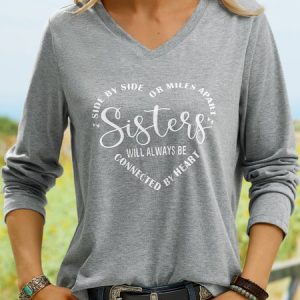 Women Sister Text Letters Regular Fit Casual V Neck T-Shirt, T-Shirts, color:Blue|size:XXL, JustFashionNow