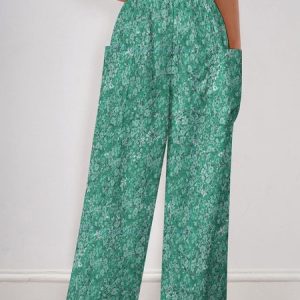 Casual Disty Floral Mid Waist Ankle Pants Wide Leg Pants, Pants, color:Green|size:5XL, Noracora