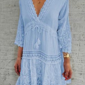 Boho Regular Sleeve Floral Lace Loose Dress, Dresses, color:Blue|size:4XL, JustFashionNow