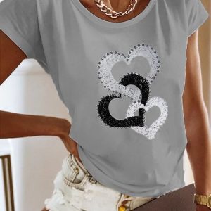 Heart/Cordate Loose Crew Neck Casual T-Shirt, T-shirts, color:Gray|size:XXL, Noracora