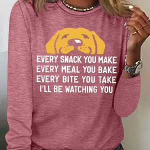 Women's Every Snack You Make I Will Watching You Funny Dog Graphic Print Text Letters Cotton-Blend Casual Top, color:Red|size:3XL, Lilicloth.com
