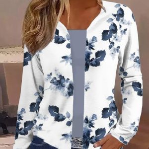 Floral Casual Loose V Neck Kimono, Kimono, color:white-blue|size:XXL, catalog Noracora shop
