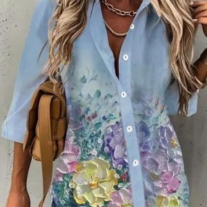 JFN Shirt Collar Collar Floral Casual Shirt, Shirts & Blouses, color:Blue|size:3XL, JustFashionNow