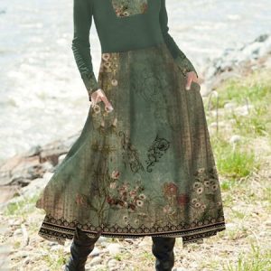 Half Open Collar Casual Ethnic Dress, Midi, color:Green|size:XXL, Noracora