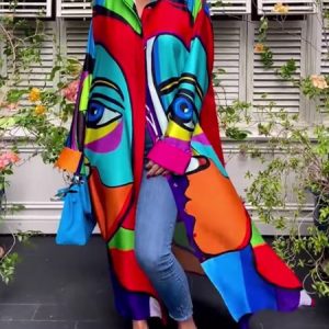 Loose Abstract Shirt Collar Casual Dress, Maxi Dresses, color:Multicolor|size:XXL, Stylewe