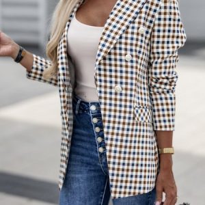 Plaid Shawl Collar Casual Loose Blazer, Coats, color:Khaki|size:XXL, JustFashionNow
