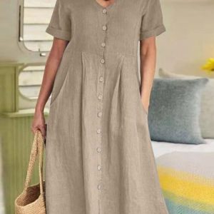 Women Plain V Neck Short Sleeve Comfy Casual Midi Dress, Midi, color:Khaki|size:3XL, Noracora