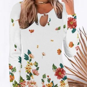 Crew Neck Long Sleeve Floral Grommets Regular Micro-Elasticity Loose Shirt For Women, Blouses, color:White|size:XXL, Noracora