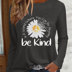 Women'S Daisy Be Kind Text Letters Simple Shirt, color:Deep Gray|size:3XL, Lilicloth.com