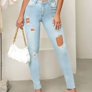 Casual Tight Denim Jeans, Jeans, color:Light Blue|size:3XL, JustFashionNow