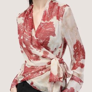 Long Sleeve Regular Fit V Neck Blouse, Blouses and Shirts, color:Apricot|size:XXL, Stylewe