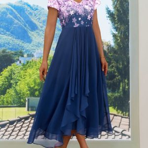 Elegant V Neck Floral Dress, Formal Dresses, color:Blue|size:XXL, JustFashionNow