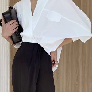 Long sleeve V Neck Plain Urban Loose Blouse, Blouses and Shirts, color:White|size:XXL, Stylewe