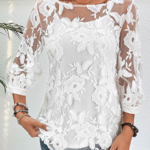 Crew Neck Lace Plain Casual Shirt, Shirts & Blouses, color:White|size:XXL, JustFashionNow