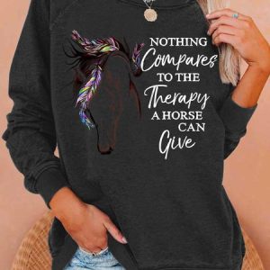 Women's The Therapy A Horse Can Give Crew Neck Loose Simple Sweatshirt, color:Black|size:3XL, Lilicloth.com