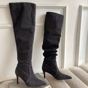 Denim Pleated Personalized Pointed Toe Stiletto Knee High Boots, Boots, color:Gray|size:40, Stylewe