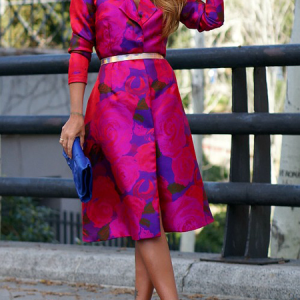 Regular Fit Lapel Collar Long Sleeve Elegant Floral Midi Dress, Midi Dresses, color:Rose Red|size:XXL, Stylewe