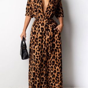 Urban Pocket Stitching Leopard Dress With Belt, Maxi Dresses, color:Brown|size:XXL, Stylewe