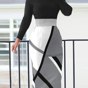 Long sleeve Urban Regular Fit Color Block Dress, Midi Dresses, color:Black|size:XXL, Stylewe