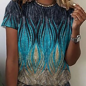 Women's Abstract Print Crew Neck Casual T-Shirt, T-shirts, Lilicloth.com