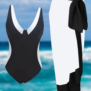 Vacation Color Block Split Joint V Neck One Piece With Cover Up, swimwear>>One-Pieces, color:Black-white|size:XXL, JustFashionNow