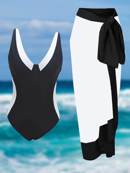 Vacation Color Block Split Joint V Neck One Piece With Cover Up, swimwear>>One-Pieces, color:Black-white|size:XXL, JustFashionNow