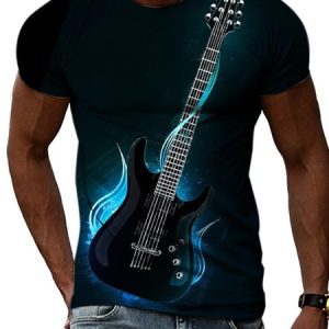 Men's Casual Guitar Pattern Round Neck High Elastic Short Sleeve T-Shirt Outdoor, T-Shirts, color:Black|size:3XL, JustFashionNow