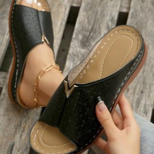 Vintage Hollow Out Wedge Slide Sandals, Sandals, color:Black|size:43, JustFashionNow