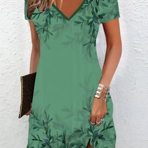 V Neck Casual Leaf Regular Fit Dress, Dresses, color:Green|size:XXL, JustFashionNow
