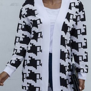 Long Sleeve Geometric Regular Medium Elasticity Loose Kimono For Women, Kimono, color:Black-white|size:XXL, Noracora