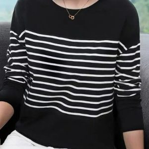 Casual Loose Striped Crew Neck T-Shirt, T-Shirts, color:Black|size:4XL, JustFashionNow