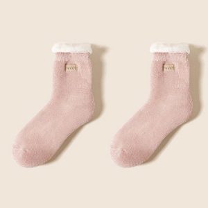 1pair Women Letters Warmth Furry Lined Mid-calf Socks, Socks, color:Pink|size:One-size, JustFashionNow
