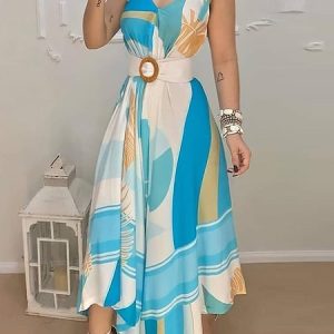 V Neck Regular Fit Geometric Vacation Dress With Belt, Midi Dresses, color:Blue|size:XXL, Stylewe
