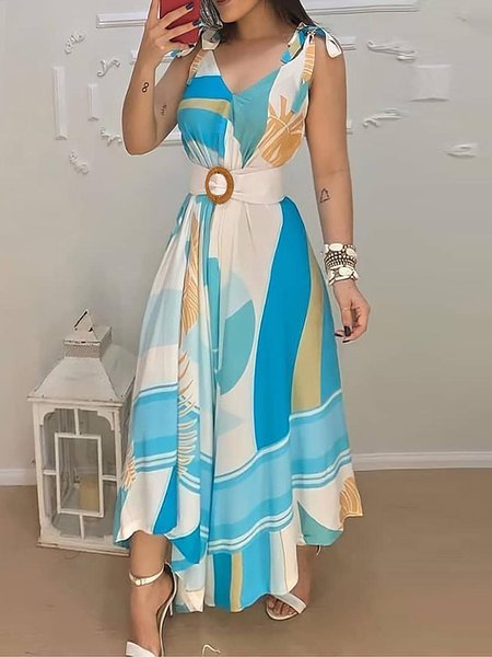 V Neck Regular Fit Geometric Vacation Dress With Belt, Midi Dresses, color:Blue|size:XXL, Stylewe
