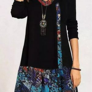 Ethnic Regular Fit V Neck Dress, Dresses, color:Black|size:XXL, JustFashionNow