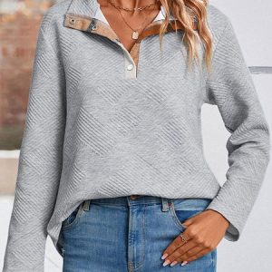 Casual Polo Collar Plaid Sweatshirt Buckle, Hoodies & Sweatshirts, color:Light Gray|size:XL, Noracora