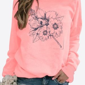 Casual Floral Pattern Long Sleeve Pullover Sweatshirt Versatile Women's Clothing, Sweatshirts & Hoodies, color:Pink|size:XXL, JustFashionNow